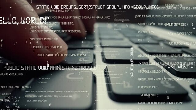 Creative visual of computer programming coding and software development shown by man working on computer keyboard with overlay of computer graphic displaying abstract program codes and computer script