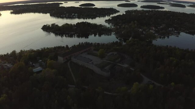 Drone view over Rindo redutt in Vaxholm, Stockholm archipelago. High quality 4k footage