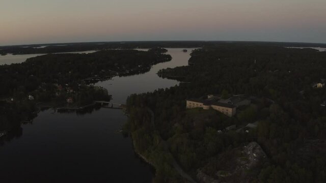 Drone view over Rindo redutt in Vaxholm, Stockholm archipelago. High quality 4k footage