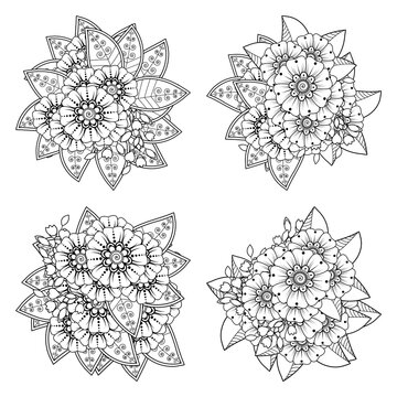 Set of Mehndi flower for henna, mehndi, tattoo, decoration. decorative ornament in ethnic oriental style. coloring book page.
