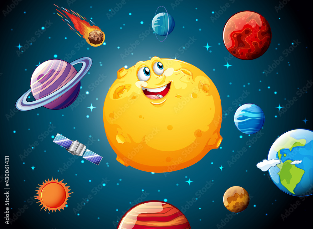 Wall mural Moon with happy face on space galaxy theme background