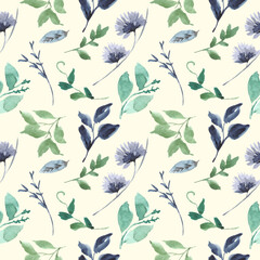 blue and green leaf floral watercolor seamless pattern