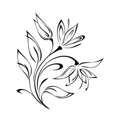 ornament 1728. twig with leaves and with stylized flowers in black lines on a white background