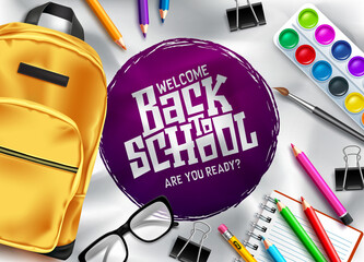 Back to school vector template design. Welcome back to school in empty space for text with educational items like backpack, water color, eyeglasses and paper clip in white background. Vector - obrazy, fototapety, plakaty