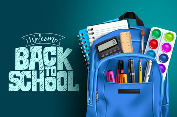Fototapeta Back to school vector template design. Welcome back to school text with educational supplies like backpack, water color, notebook and calculator in blue background. Vector illustration obraz