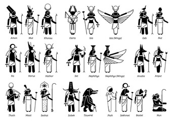 Ancient Egyptian God, Goddess, and deities in stick figure icons. Vector illustration set of popular Egypt deities Amon, Osiris, Isis, Horus, Anubis, Seth, Sobek, Taweret, Ptah, Sekhmet and Bastet.