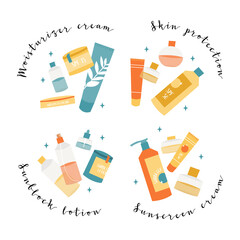 Sunscreen products in different bottles. Sunblock lotion, oil, gel, moisturizer, spray. UV protection, skin care with SPF. Vector flat cartoon illustration