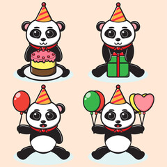 Vector illustrations of a cute Panda, Party cartoons. Cute Panda character with expressions, design bundle. Good for icon, logo, label, sticker, clipart.