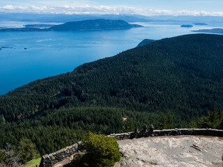 Fototapeta na wymiar Scenic view over Rosario Strait from the watchtower at the top of Mount Constitution in Moran State Park - Orcas Island, WA, USA