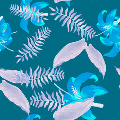 Fototapeta na wymiar Navy Tropical Design. Violet Seamless Plant. Lavender Pattern Nature. Azure Floral Textile. Cobalt Flower Foliage. Blue Decoration Leaf. Drawing Background.