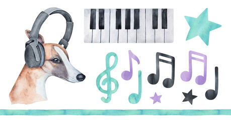 Water color illustration collection of cute dog wearing headphones, musical notes, treble clef, stars and border line. Hand painted watercolour graphic drawing, isolated elements for creative design.