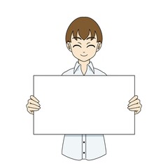 ボードを持つ男性　にっこり