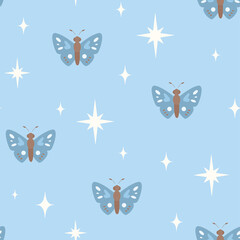 Seamless pattern with flying butterflies in the sky with stars. Cute texture for fabric, wrapping, textile, wallpaper, apparel.
