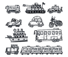 Set of means of transport, doodle sketch, vector illustration