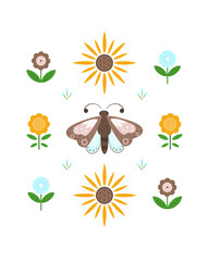 Composition with boho sunflower, butterfly and folk flowers.  Flat design, vector illustration