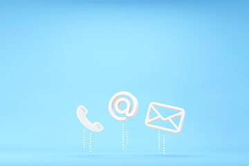 Contact us concept. Icon Telephone, Address and email on cyan background. 3d illustration