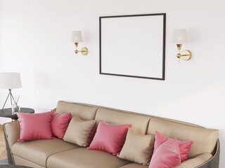 Photo Frame Mockup in the Living Room. 3D Rendering, 3D illustration.