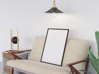 Photo Frame Mockup on the chair. 3D Rendering, 3D illustration.