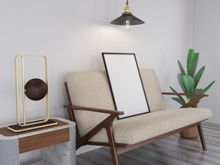 Photo Frame Mockup on the chair. 3D Rendering, 3D illustration.