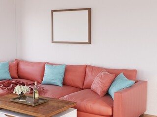 Photo Frame Mockup in the Living Room. 3D Rendering, 3D illustration.