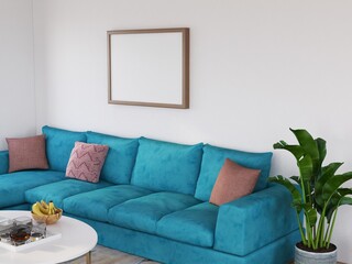 Photo Frame Mockup in the Living Room. 3D Rendering, 3D illustration.