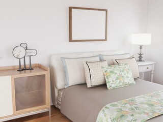 Photo Frame Mockup in the bedroom. 3D Rendering, 3D illustration.