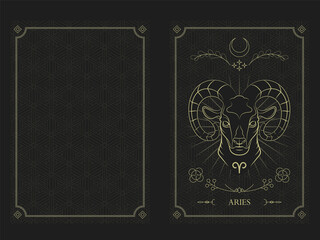 Zodiac Aries Horoscope Card Golden Outline Style with Crescent Moon, Stars and Leave Icons in Chain Rectangular Frame and Diamond at four Corners with the Name inside Vector Graphic Design Template