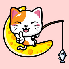 cartoon cute fortune cat vector design is fishing fish on crescent moon