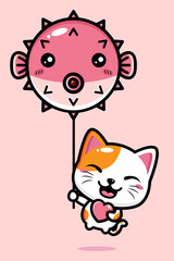 cartoon cute lucky cat flying vector design with fish shaped balloon