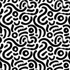 Obraz premium Hand drawn organic vector seamless pattern. Black textured brush strokes. Curved lines and circles. Modern stylish texture with rough natural maze. Black and white wavy organic rounded shapes pattern