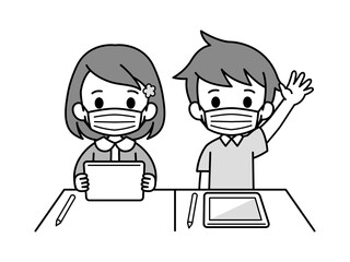 マスクをつけてタブレットで授業を受ける女の子と男の子　モノトーン　白黒　イラスト素材