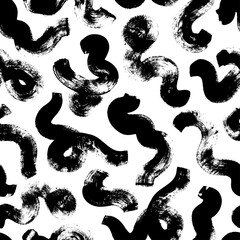 Wavy and swirled brush strokes vector seamless pattern. Black paint freehand scribbles, abstract ink background. Brushstrokes, smears, lines, squiggle pattern. Abstract wallpaper design, textile print