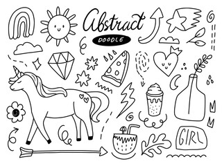 Abstract doodle sticker line art set with cute unicorn and dreamy magic items. Hand drawn line style. Drawing illustrations vector sticker art.