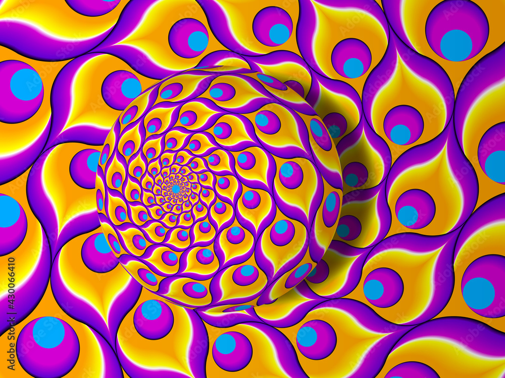 Wall mural yellow background from feathers of peacock with rotating sphere. spin illusion.