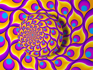 Yellow background from feathers of peacock with rotating sphere. Spin illusion. - obrazy, fototapety, plakaty
