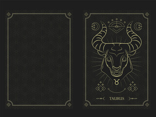 Zodiac Taurus Horoscope Card Golden Outline Style with Crescent Moon, Stars and Diamond Icons in Chain Rectangular Frame and Diamond at four Corners with the Name inside Vector Graphic Design Template