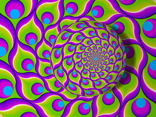 Green background from feathers of peacock with rotating sphere. Spin illusion.