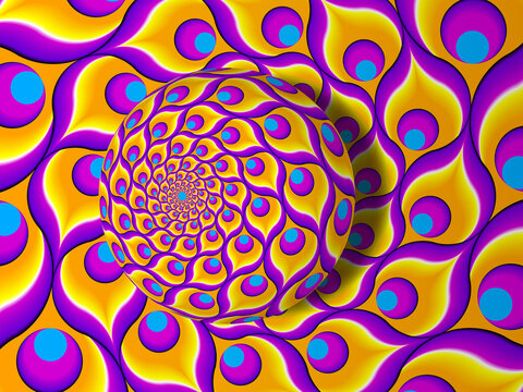 Yellow background from feathers of peacock with rotating sphere. Spin illusion.
