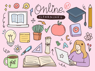 Online learning doodle drawing illustration sticker set. Home school cartoon drawing with laptop.