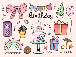 Happy birthday sticker set cartoon doodle drawing vector. Party ornament design with cake and rainbow.