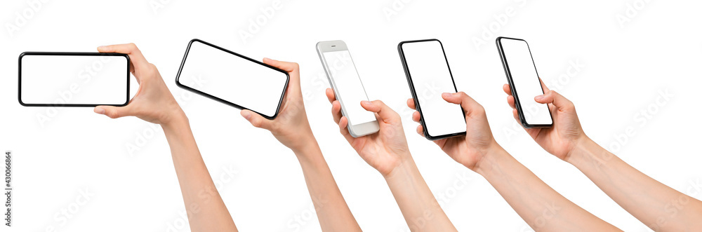 Poster gesture collection of hand holding smartphone with blank screen, mock-up for application mobile, mod