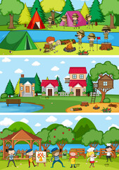 Fototapeta na wymiar Set of different horizontal scenes background with doodle kids cartoon character