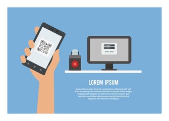 hand holding smartphone with QR code interface, with ticket self printing machine.
