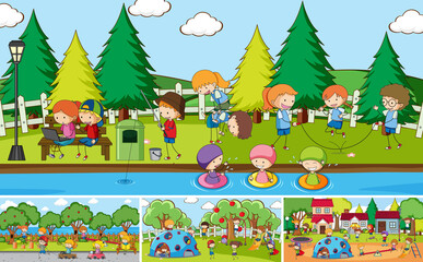Obraz na płótnie Canvas Outdoor scene set with many kids doodle cartoon character