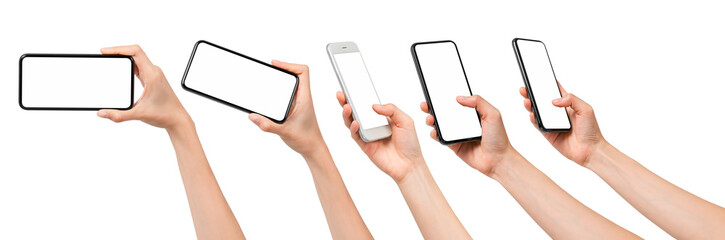 Gesture collection of hand holding smartphone with blank screen, mock-up for application mobile, modern design with clipping path.