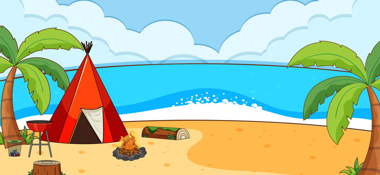 Beach landscape scene with tent camping