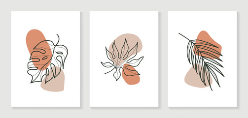 Abstract art nature background vector. Modern shape line art wallpaper. Boho foliage botanical leaves watercolor texture design for home deco, wall art, social media post and story background.
