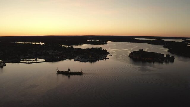 Drone view over Vaxholm kastell in sunset, Stockholm archipelago. High quality 4k footage