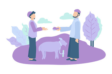 Man muslim greeting Eid al-Adha Mubarak buy goat.