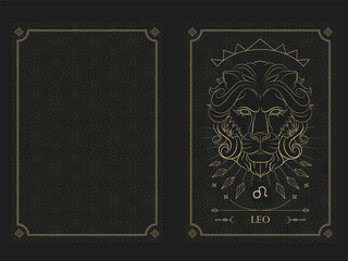 Zodiac Leo Horoscope Card Golden Outline Style with Crystal, Stars and Crown in Chain Rectangular Frame and Diamond at four Corners with the Name inside Vector Graphic Design Template